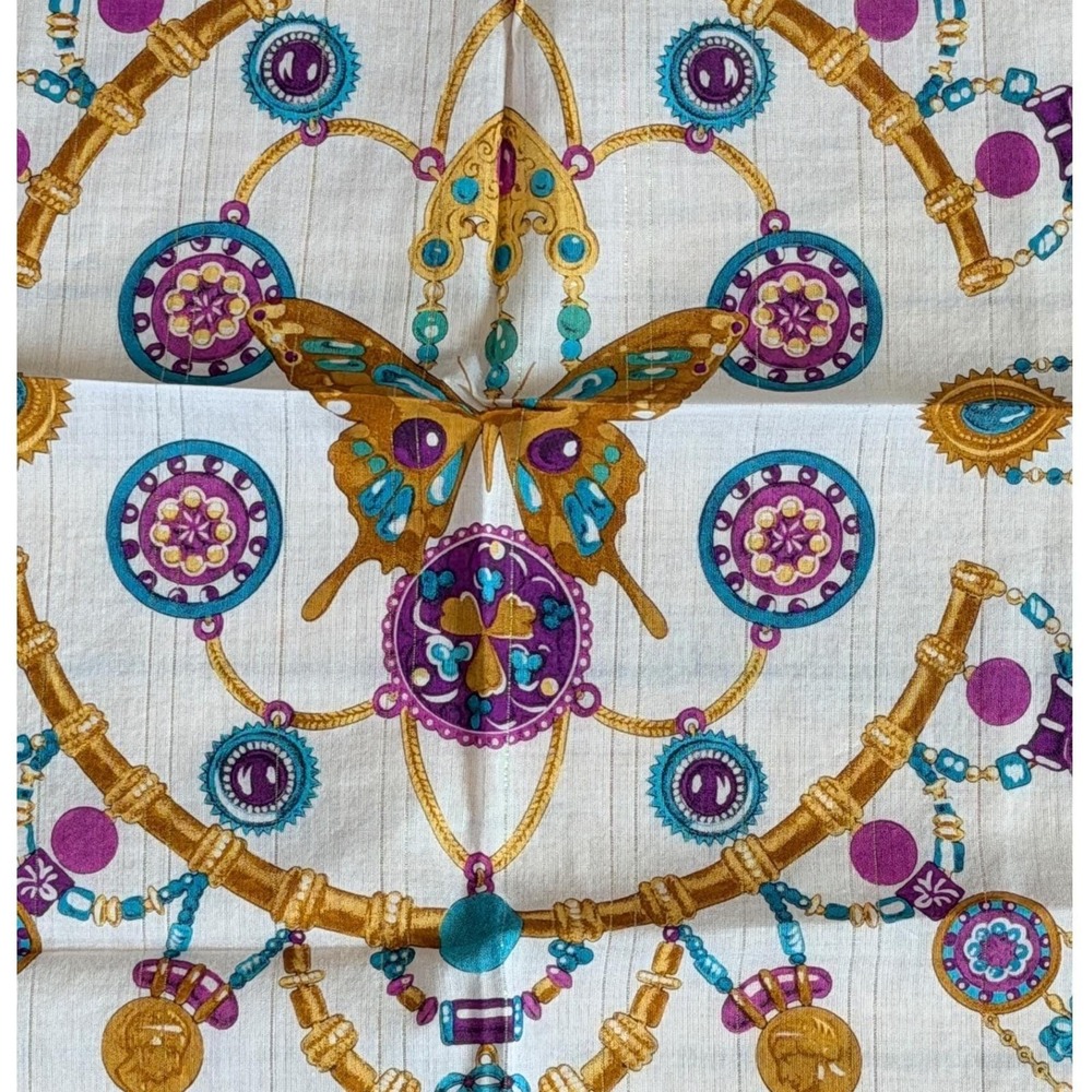 Hanae Mori Vintage Handkerchief Bufferfly Print Gold Purple Turquoise  RARE